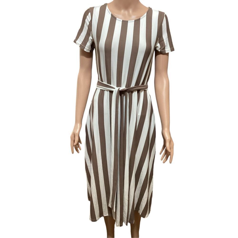 Levaca Short Sleeve Taupe / White Striped Swing Midi Dress S
